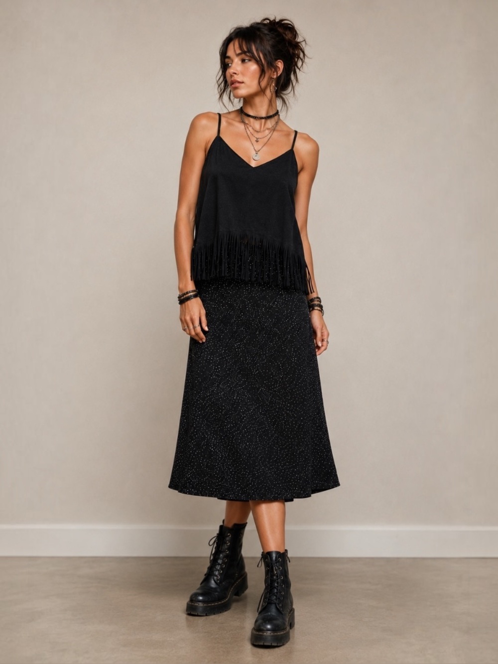$129 A&O Black Beaded Merino Wool Knit Midi Skirt Stretch Lined Size L